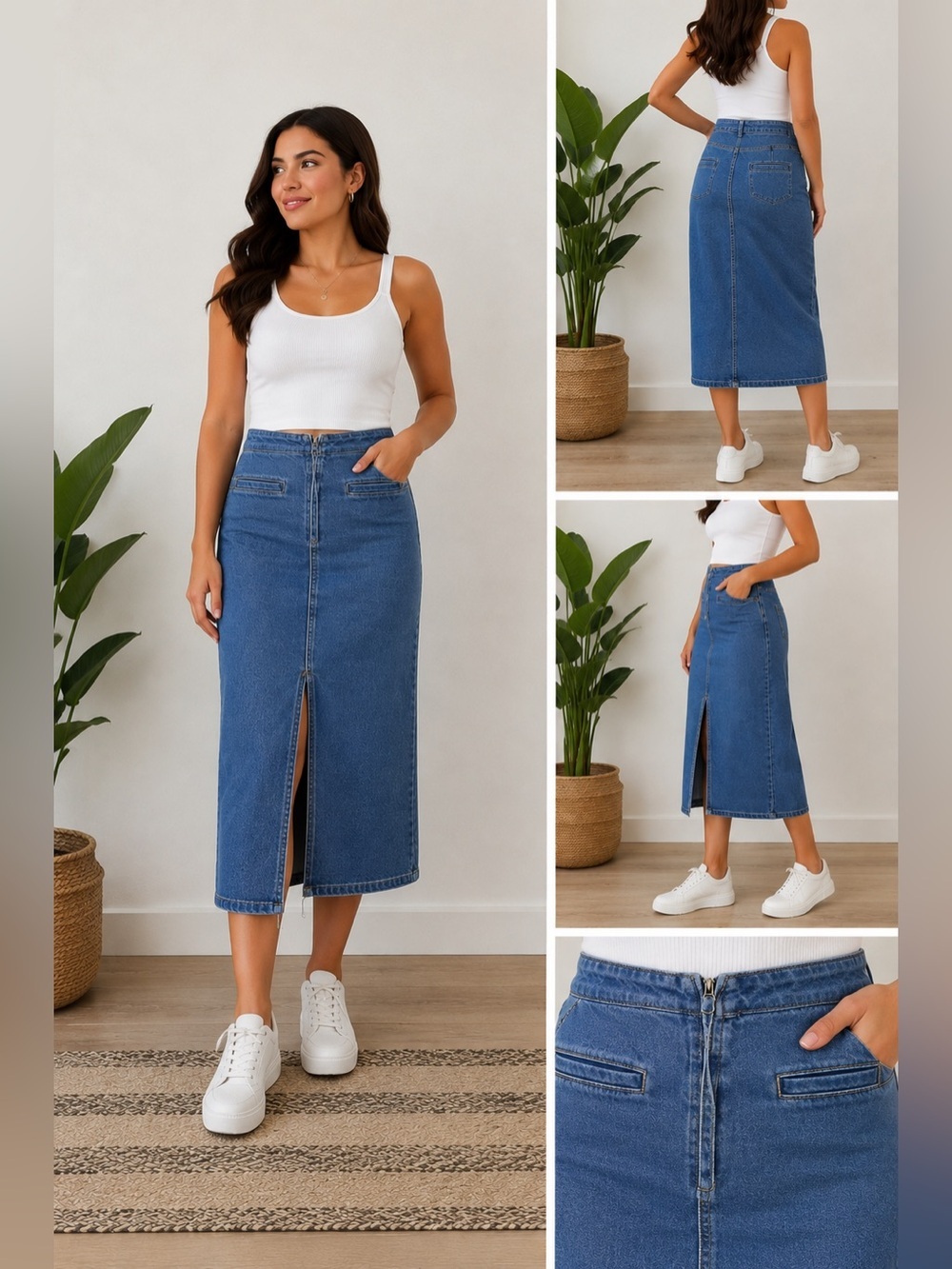 LOFT Denim Midi Skirt Size 10 Blue Straight Fit Front Zip Slit Cotton Jean Skirt